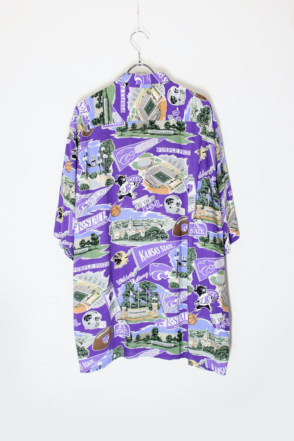 90'S S/S KANSAS STATE UNIVERSITY PATTEN RAYON SHIRT / PURPLE [SIZE: L USED]