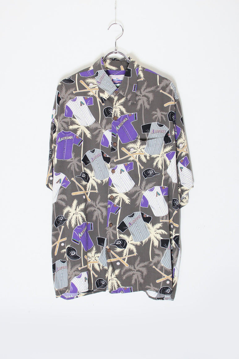MADE IN HAWAII S/S REYON MLB HAWAIIAN SHIRT / GREY [SIZE: M USED]