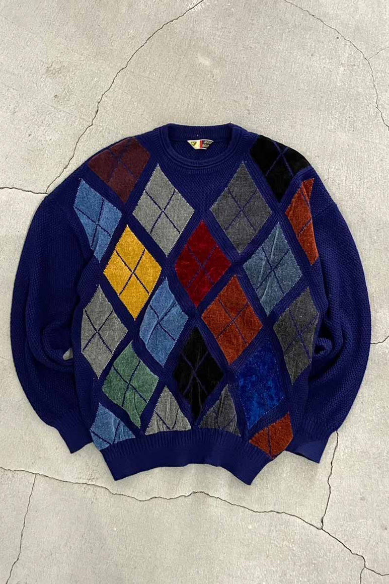 90'S PILE ARGYLE ACRYLIC KNIT SWEATER / NAVY [SIZE: L USED]