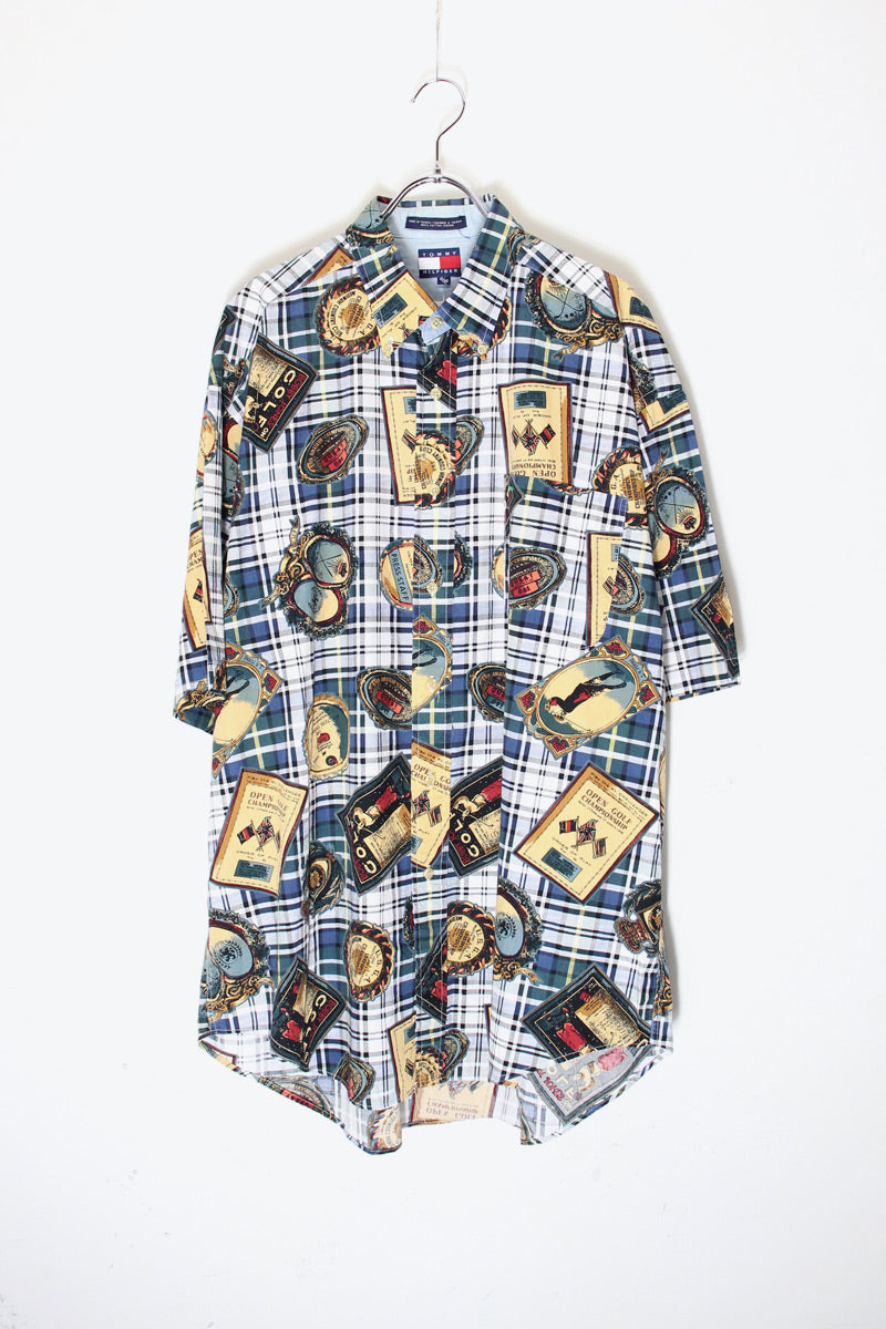90'S S/S GOLF PATTERN CHECK SHIRT / GREEN/WHITE [SIZE: XL USED]