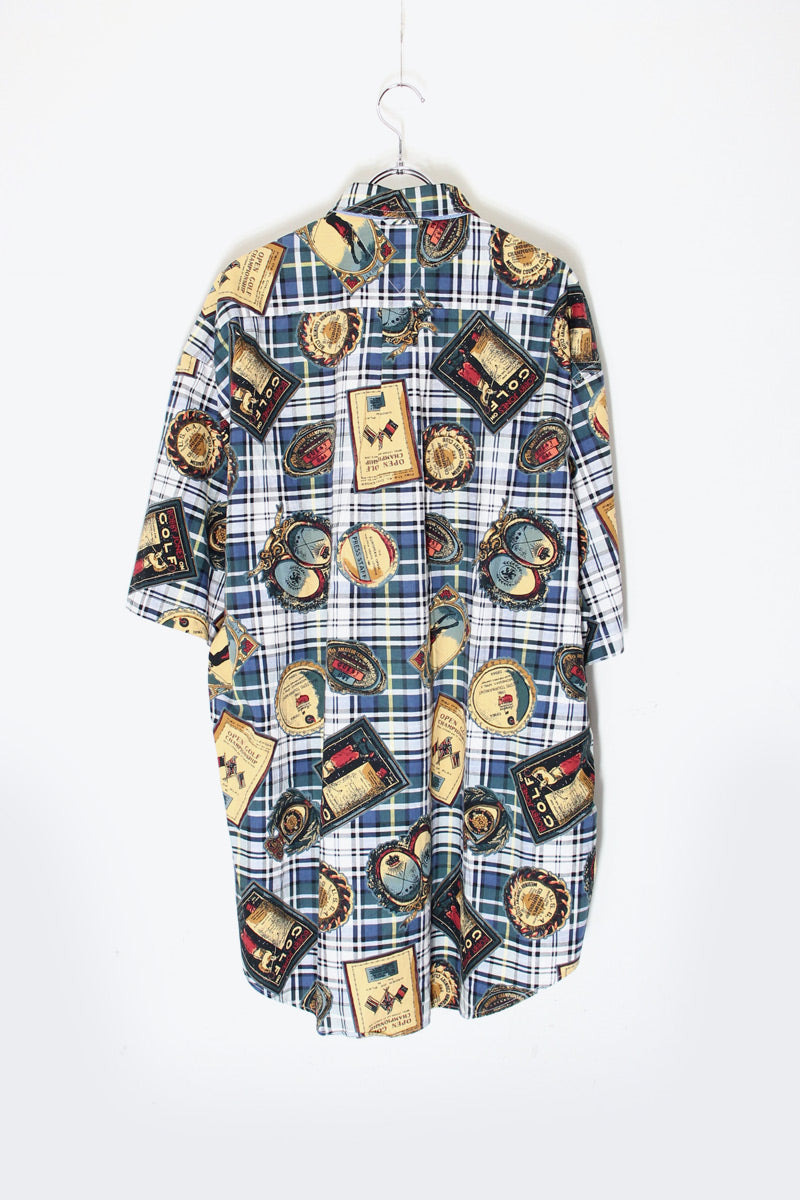 90'S S/S GOLF PATTERN CHECK SHIRT / GREEN/WHITE [SIZE: XL USED]