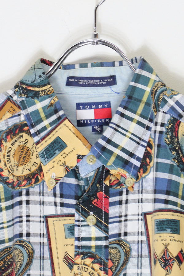 90'S S/S GOLF PATTERN CHECK SHIRT / GREEN/WHITE [SIZE: XL USED]