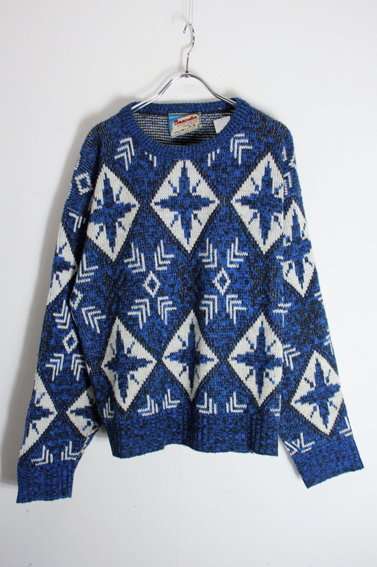 MADE IN USA 80'S MELANGE CRYSTAL PATTERN ACRYLIC KNIT SWEATER / BLUE MELANGE/WHITE [SIZE: L相当 USED]