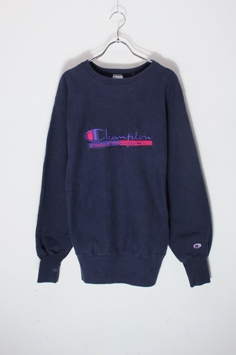 MADE IN USA 90'S EMBROIDERY REVERSE WEAVE SWEATSHIRT / NAVY/PURPLE [SIZE: L USED]