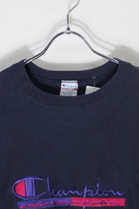 MADE IN USA 90'S EMBROIDERY REVERSE WEAVE SWEATSHIRT / NAVY/PURPLE [SIZE: L USED]