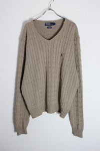 90'S V-NECK ONE POINT CABLE COTTON KNIT / BEIGE [SIZE: L USED]
