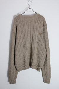 90'S V-NECK ONE POINT CABLE COTTON KNIT / BEIGE [SIZE: L USED]