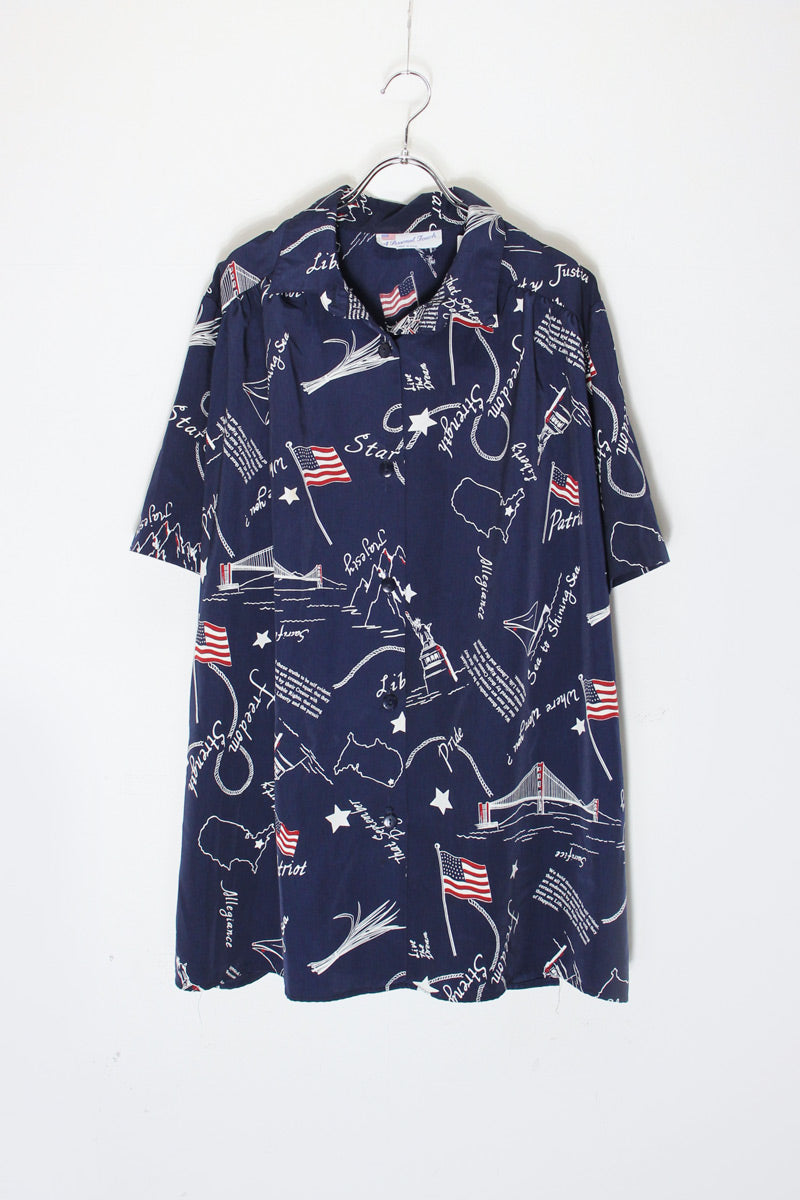 MADE IN USA 90'S S/S USA PATTERN SHIRT / NAVY MULTI [SIZE: XL USED]