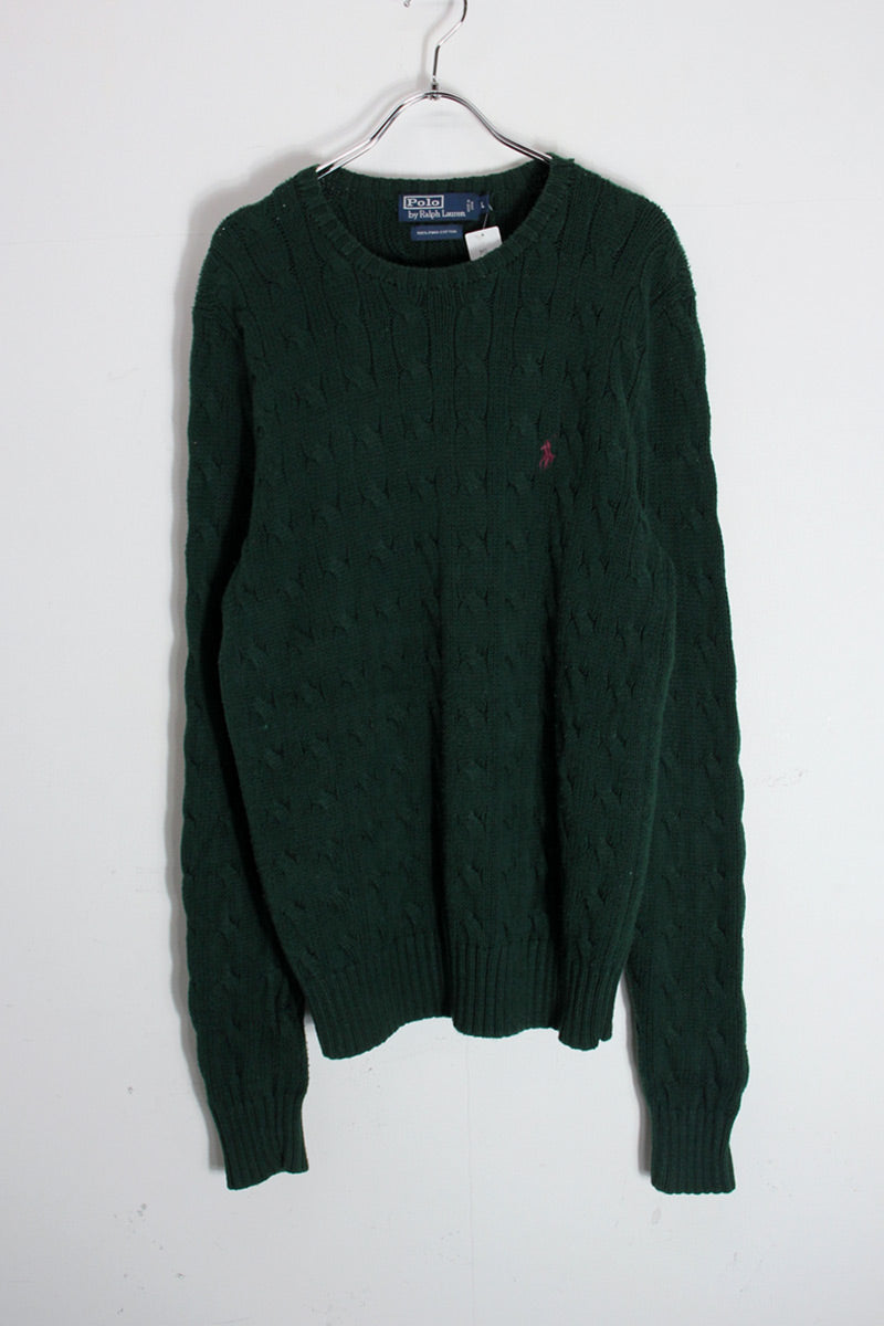 90'S ONE POINT CABLE COTTON KNIT / GREEN [SIZE: L USED]