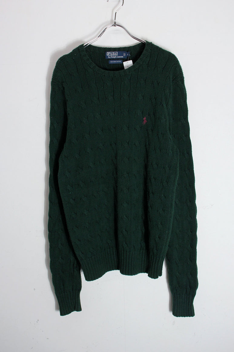 90'S ONE POINT CABLE COTTON KNIT / GREEN [SIZE: L USED]