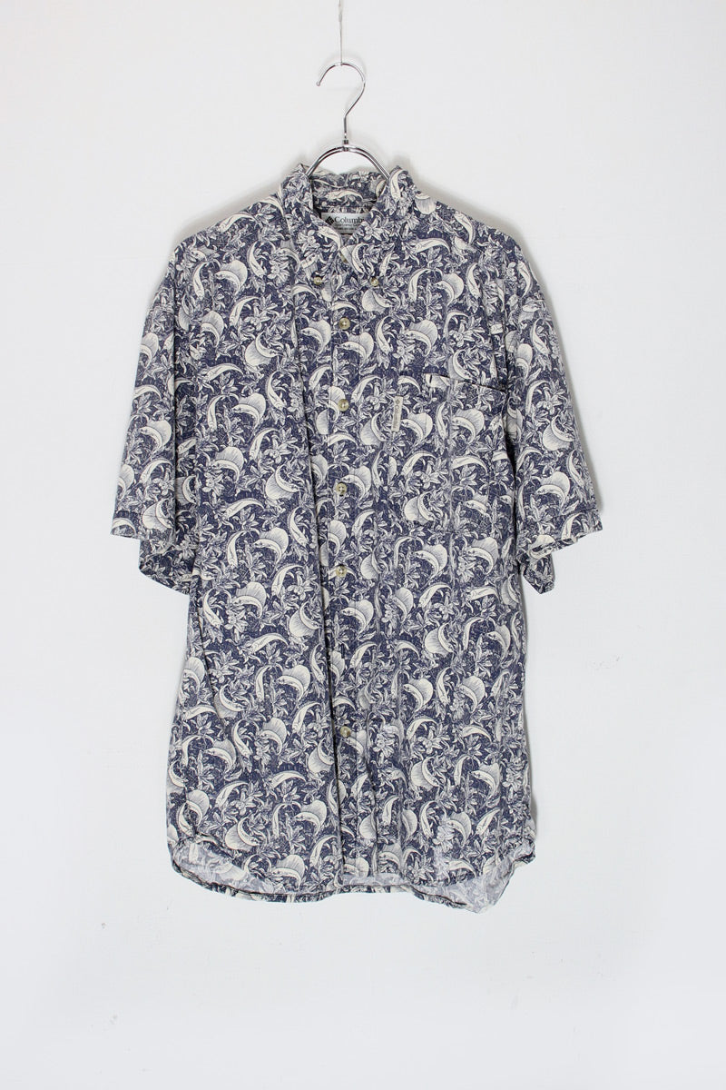 S/S FISH PATTERN COTTON SHIRT / NAVY [SIZE: M USED]