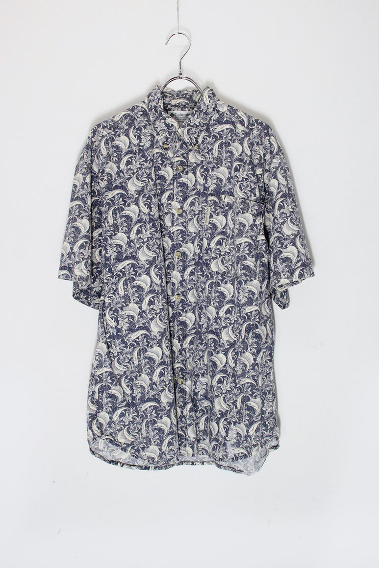 S/S FISH PATTARN COTTON SHIRT / NAVY [SIZE: M USED]