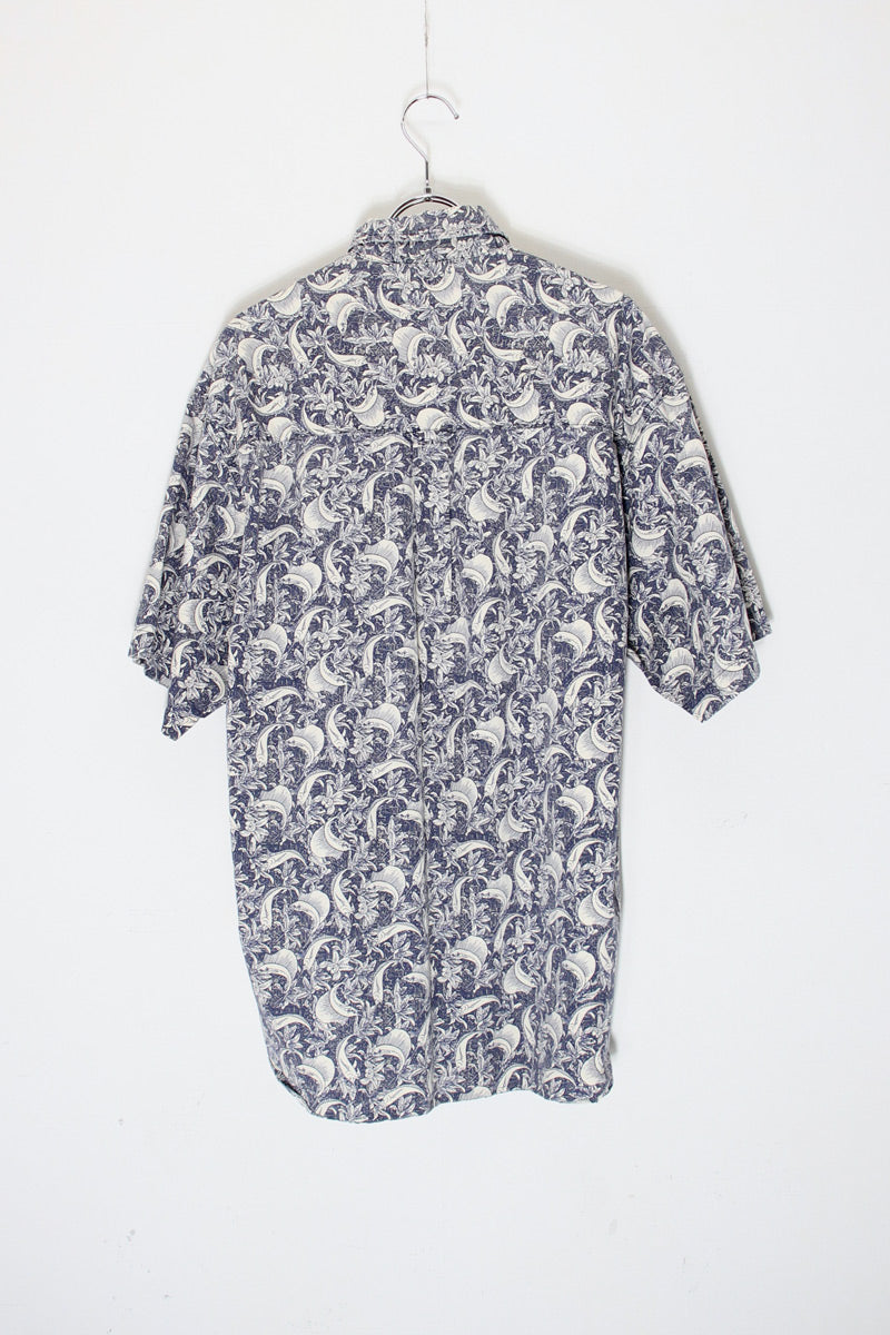 S/S FISH PATTERN COTTON SHIRT / NAVY [SIZE: M USED]