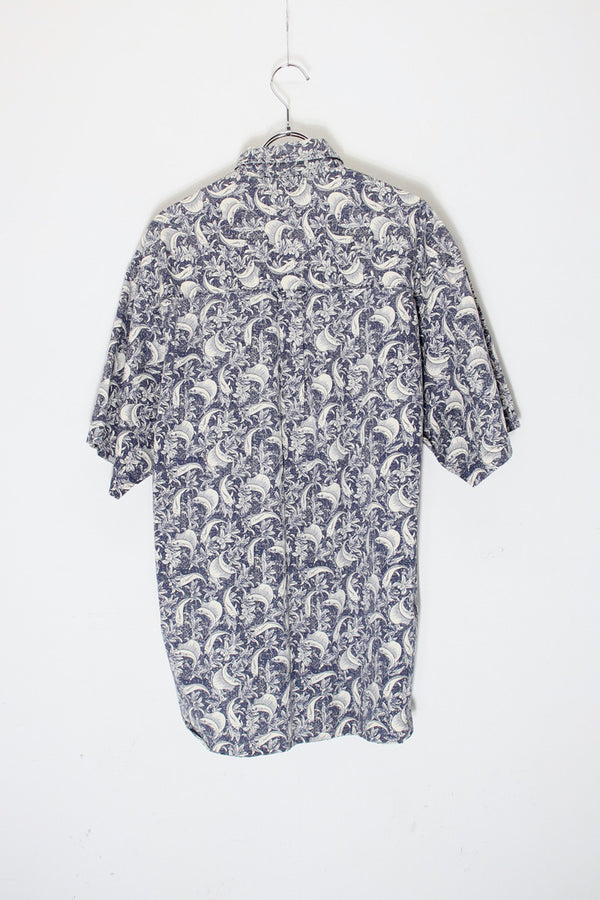 S/S FISH PATTERN COTTON SHIRT / NAVY [SIZE: M USED]