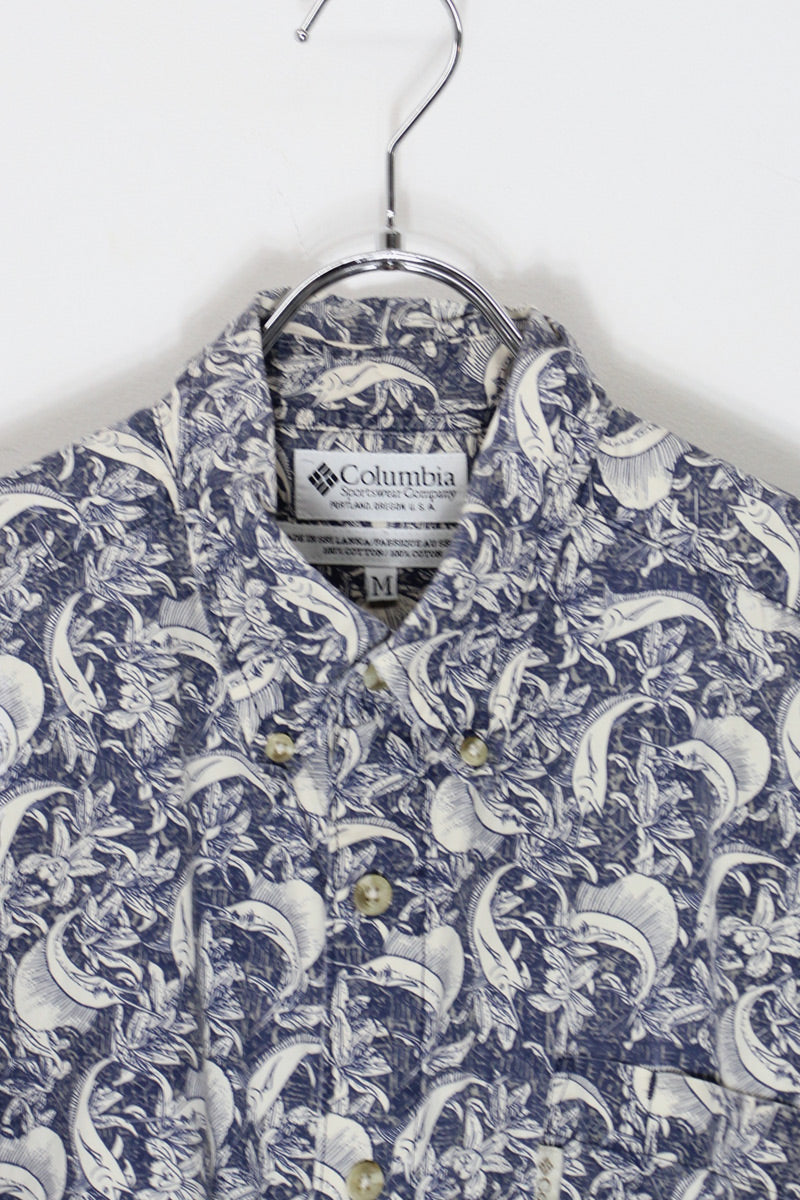 S/S FISH PATTERN COTTON SHIRT / NAVY [SIZE: M USED]