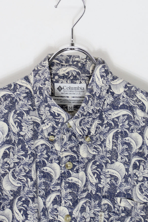 S/S FISH PATTERN COTTON SHIRT / NAVY [SIZE: M USED]
