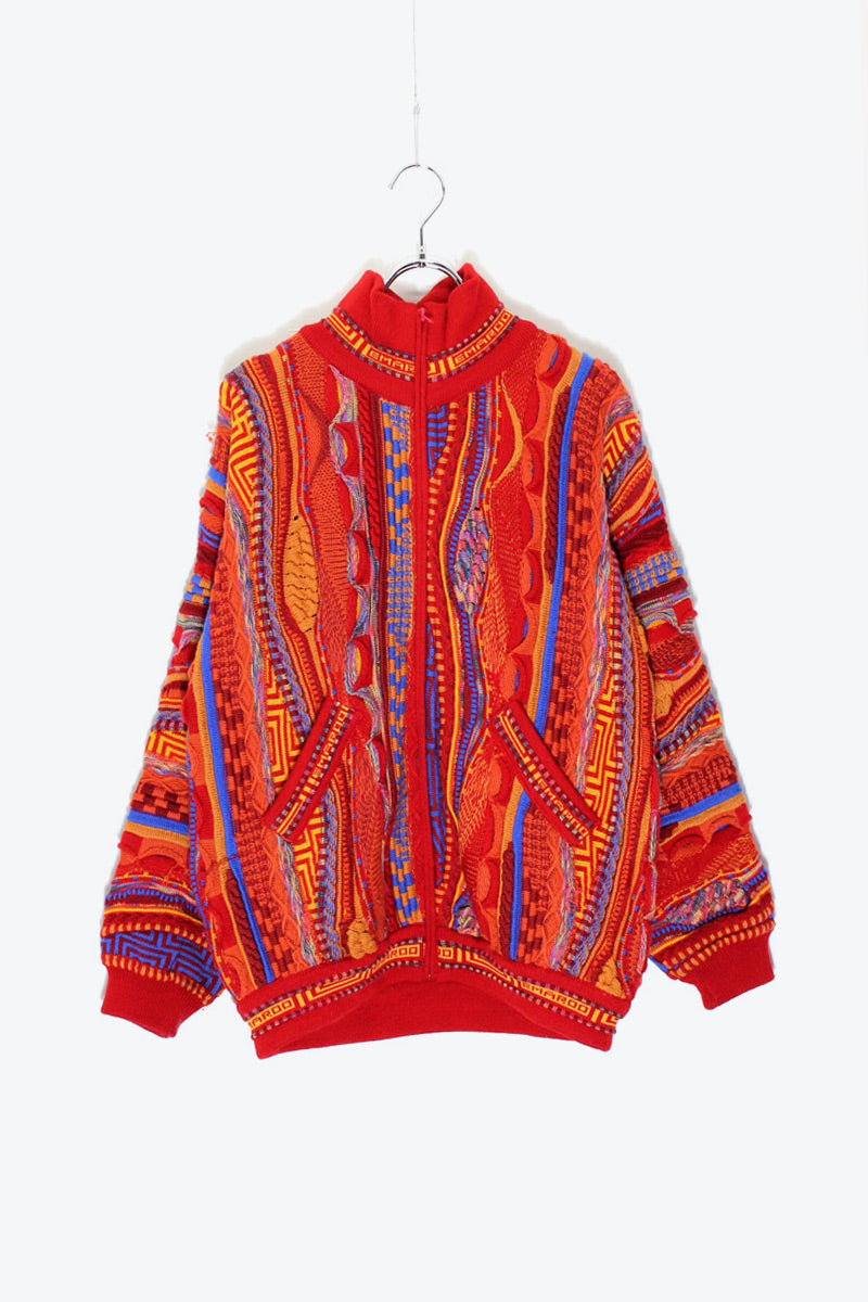 90'S WOOL HI-NECK 3D ZIP KNIT JACKET / RED [SIZE: XS USED]