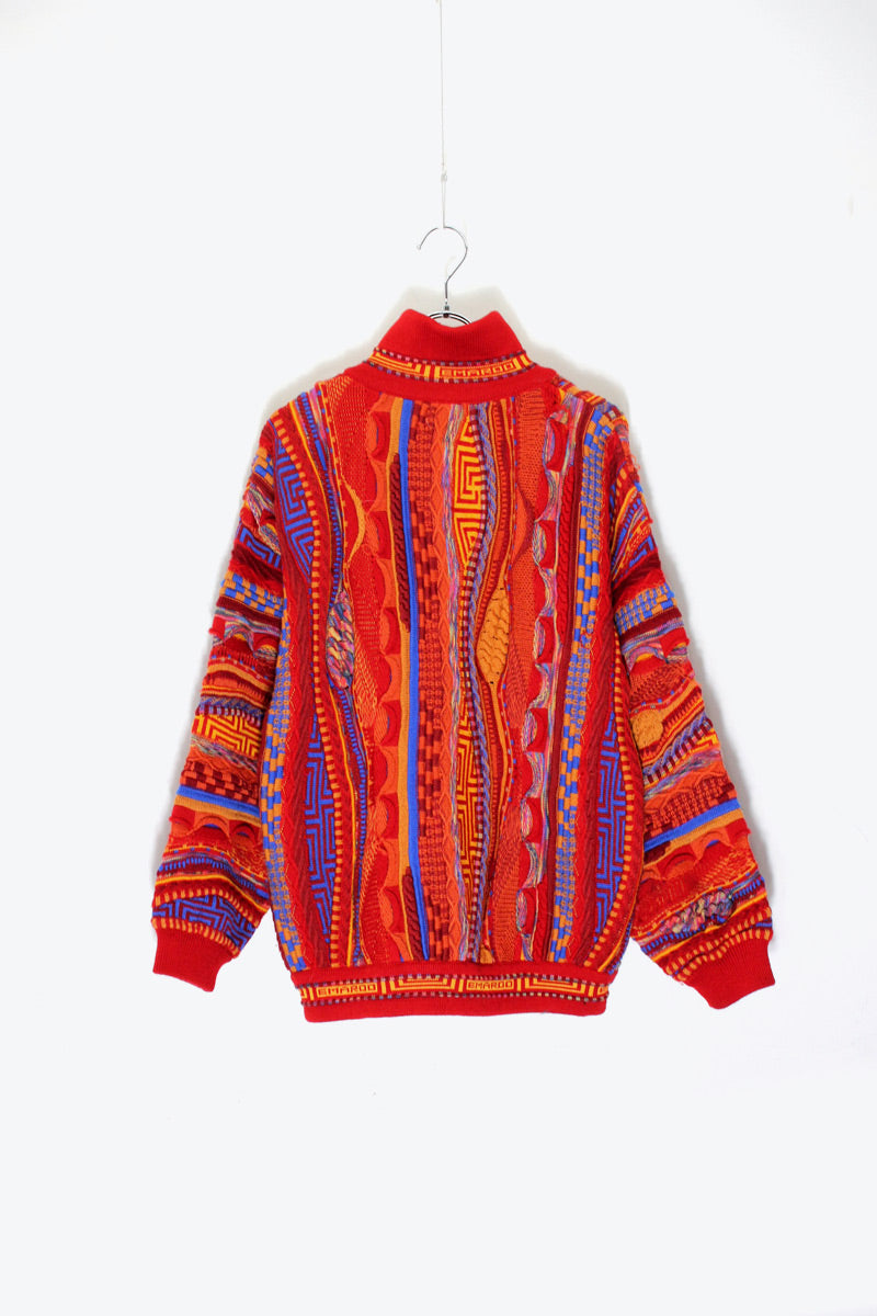 90'S WOOL HI-NECK 3D ZIP KNIT JACKET / RED [SIZE: XS USED]