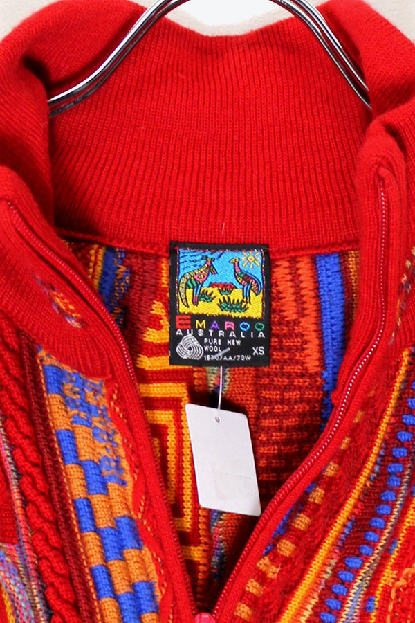 90'S WOOL HI-NECK 3D ZIP KNIT JACKET / RED [SIZE: XS USED]