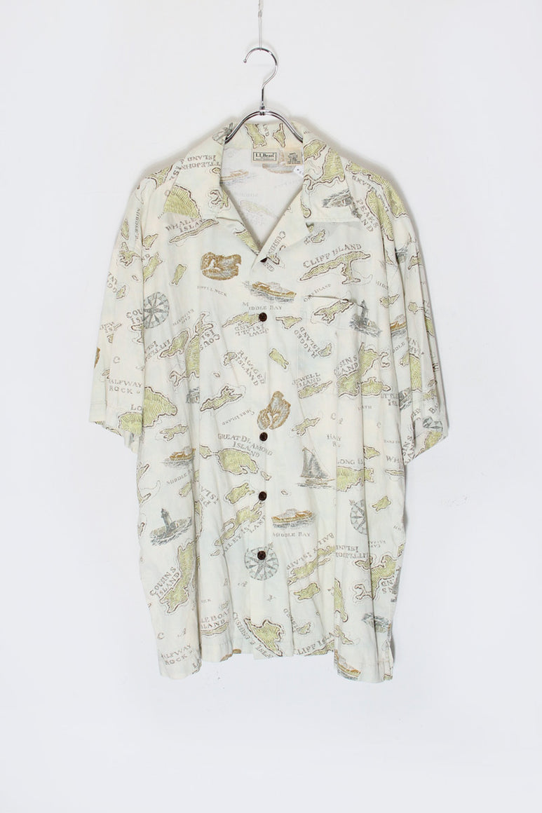 S/S ISLAND PATTERN RAYON OPEN COLLAR SHIRT / BEIGE [SIZE: L USED]