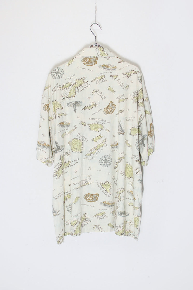 S/S ISLAND PATTERN RAYON OPEN COLLAR SHIRT / BEIGE [SIZE: L USED]