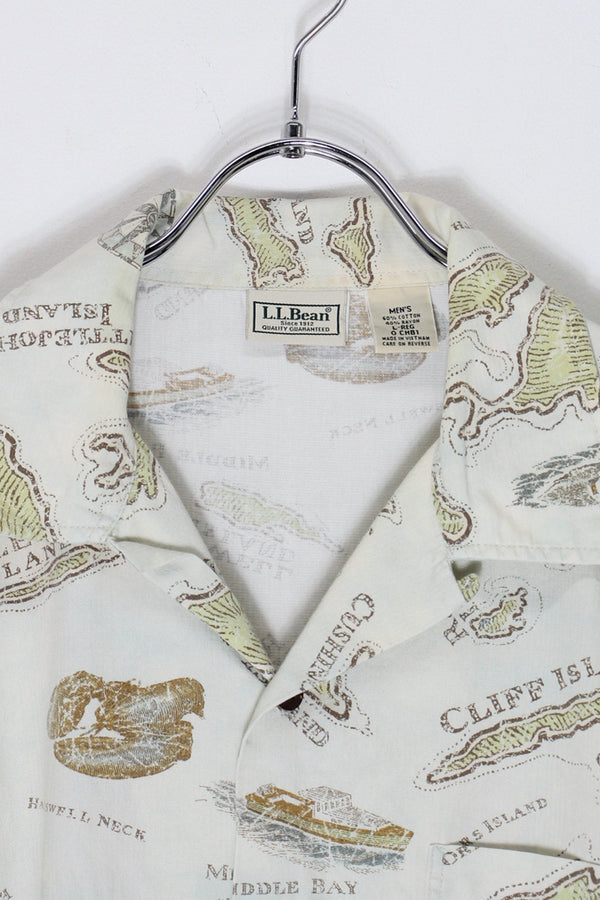 S/S ISLAND PATTERN RAYON OPEN COLLAR SHIRT / BEIGE [SIZE: L USED]