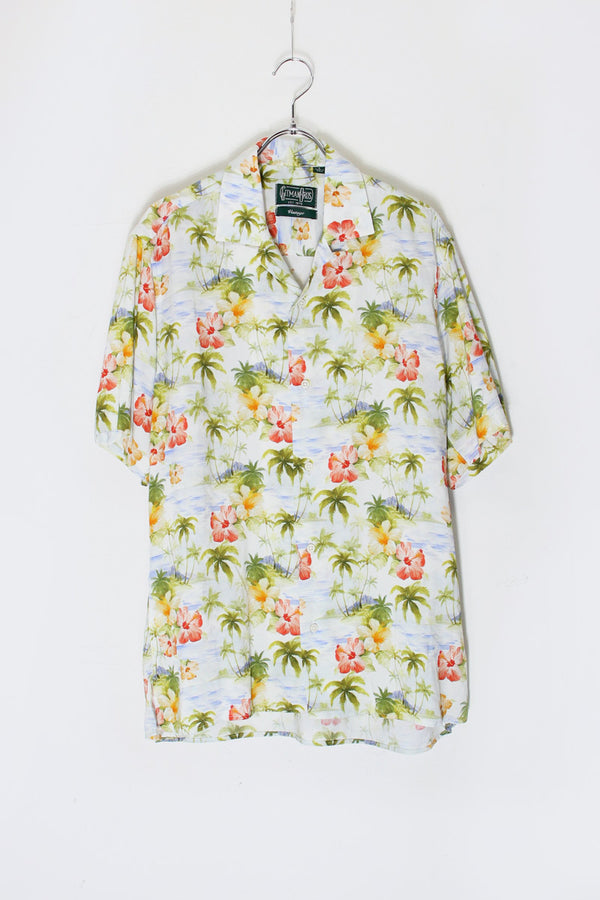 MADE IN USA S/S OPEN COLLAR VISCOSE HAWAIIAN SHIRT / LIGHT BLUE MULTI [SIZE: S DEADSTOCK/NOS]