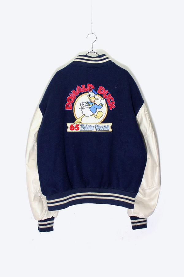 MADE IN USA 90'S BACK EMBROIDERY DONALD DUCK WOOL LEATHER STADIUM JACKET / NAVY / WHITE [ SIZE: XL USED ]