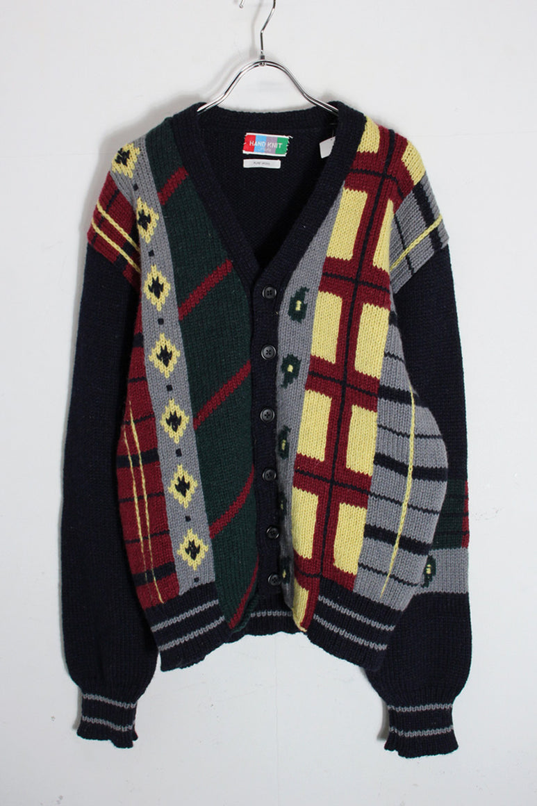 MADE IN JAPAN 90'S WOOL MULTI PATTERN CARDIGAN / NAVY MULTI [SIZE: XL相当 USED]