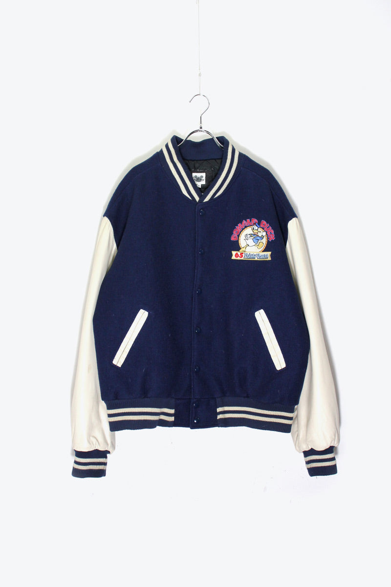 MADE IN USA 90'S BACK EMBROIDERY DONALD DUCK WOOL LEATHER STADIUM JACKET / NAVY / WHITE [ SIZE: XL USED ]