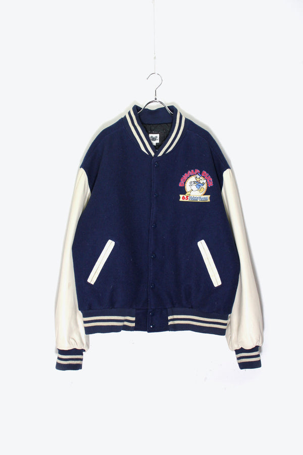 MADE IN USA 90'S BACK EMBROIDERY DONALD DUCK WOOL LEATHER STADIUM JACKET / NAVY / WHITE [ SIZE: XL USED ]
