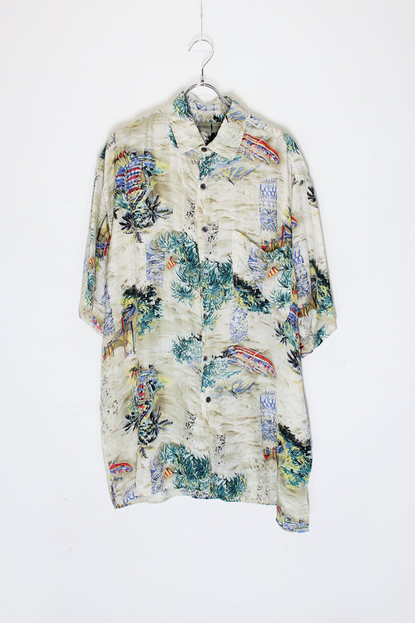 90'S S/S PATTERNED SILK SHIRT / MULTI [SIZE: L USED]