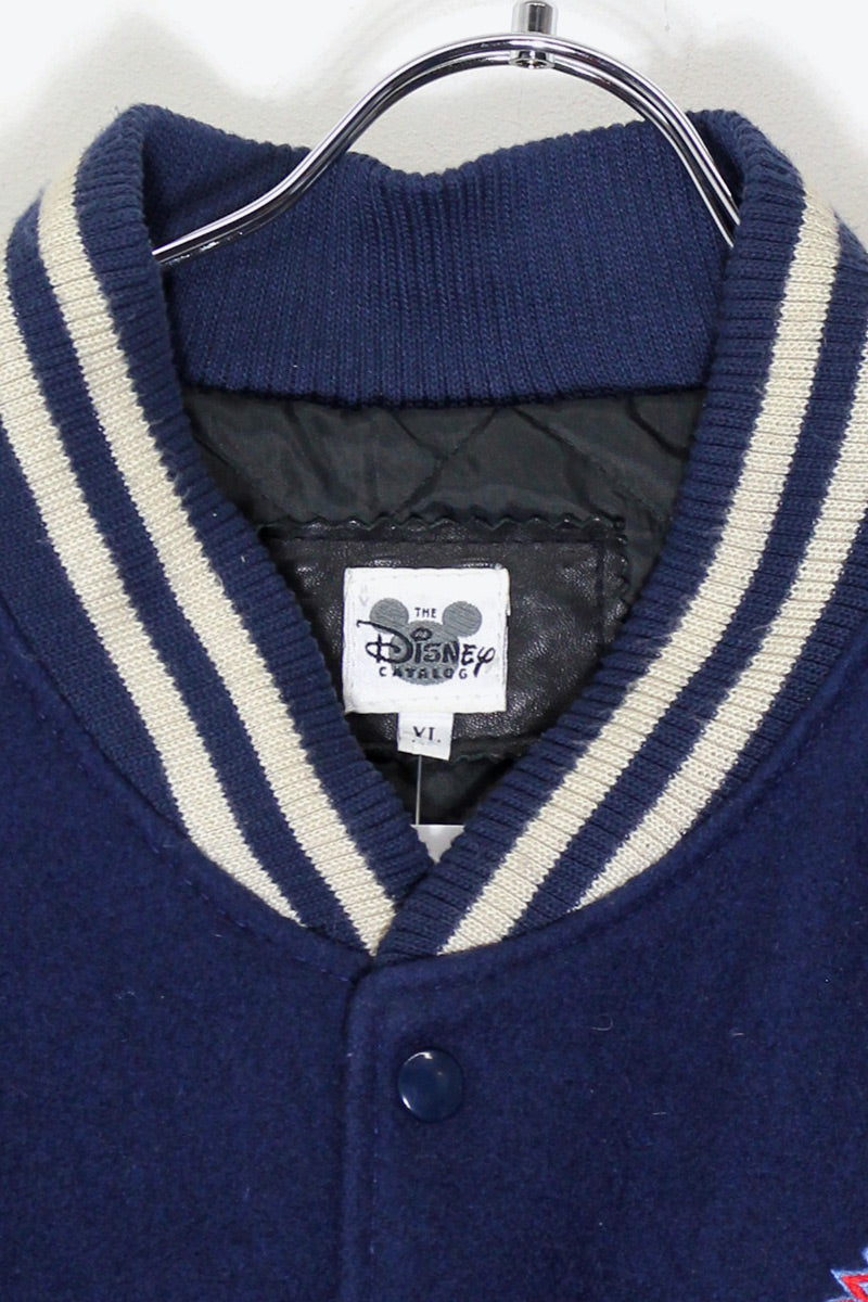 MADE IN USA 90'S BACK EMBROIDERY DONALD DUCK WOOL LEATHER STADIUM JACKET / NAVY / WHITE [ SIZE: XL USED ]