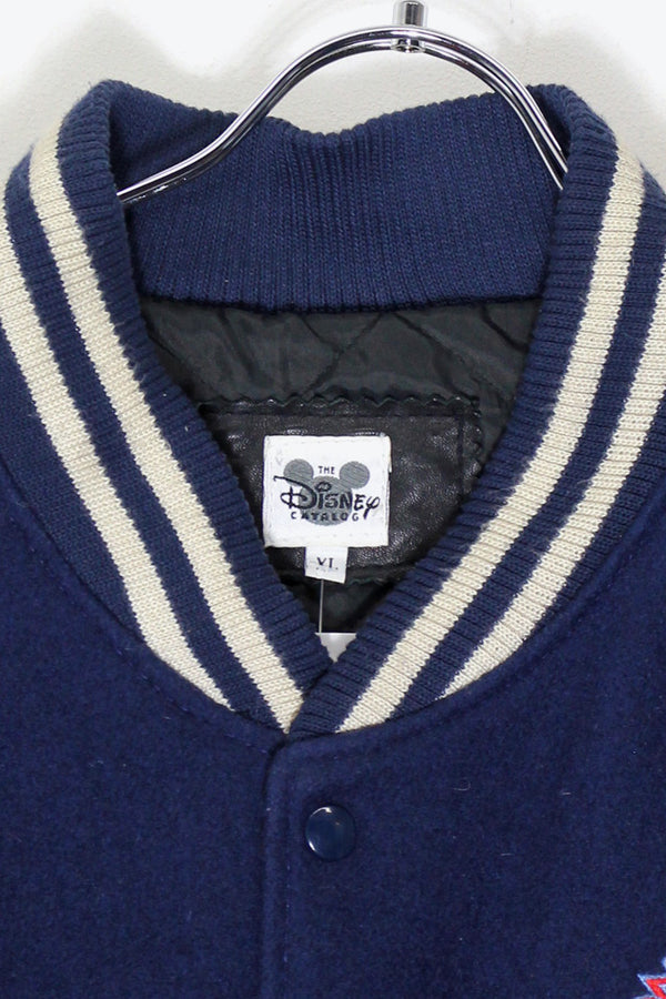 MADE IN USA 90'S BACK EMBROIDERY DONALD DUCK WOOL LEATHER STADIUM JACKET / NAVY / WHITE [ SIZE: XL USED ]