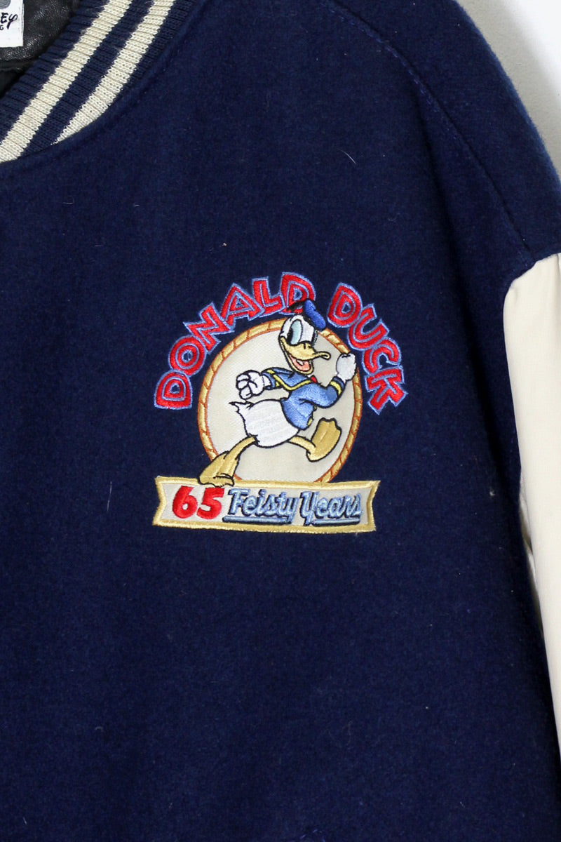 MADE IN USA 90'S BACK EMBROIDERY DONALD DUCK WOOL LEATHER STADIUM JACKET / NAVY / WHITE [ SIZE: XL USED ]