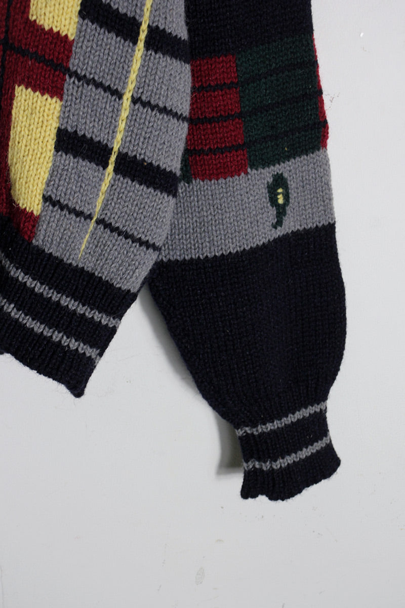 MADE IN JAPAN 90'S WOOL MULTI PATTERN CARDIGAN / NAVY MULTI [SIZE: XL相当 USED]