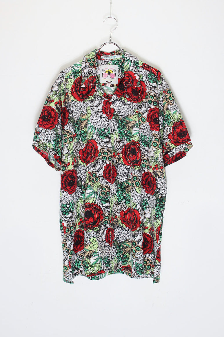 S/S OPEN COLLAR ROSE PATTERN SHIRT / RED MULTI [SIZE: XL USED]