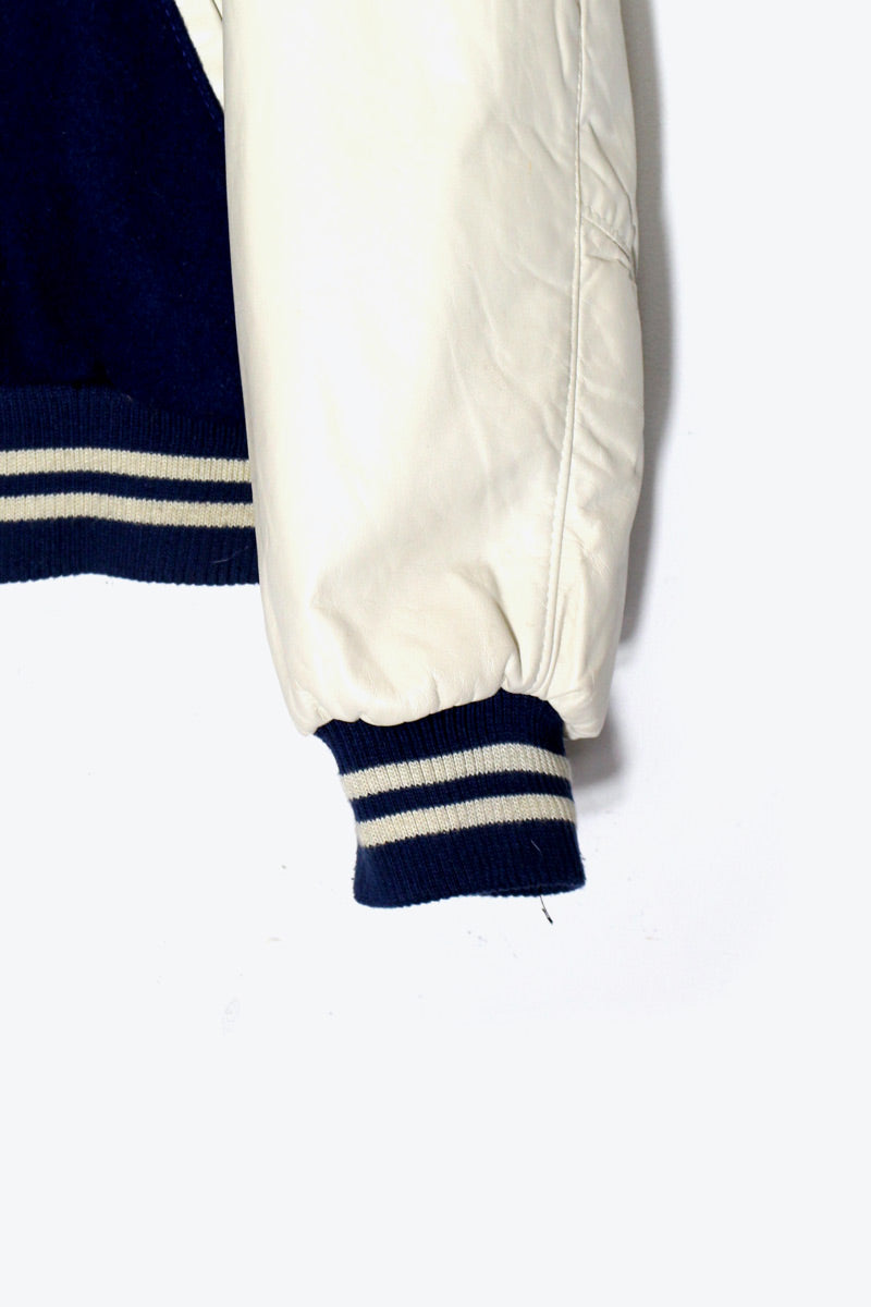 MADE IN USA 90'S BACK EMBROIDERY DONALD DUCK WOOL LEATHER STADIUM JACKET / NAVY / WHITE [ SIZE: XL USED ]