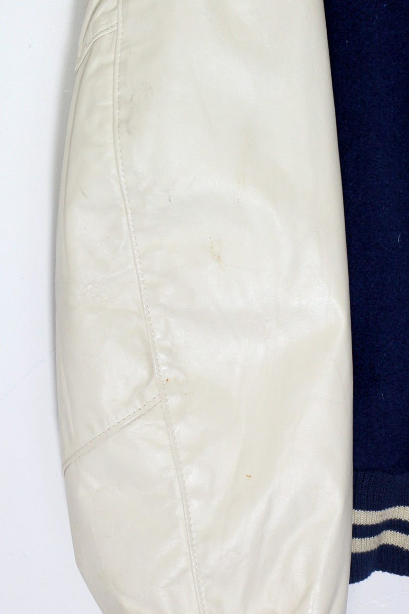 MADE IN USA 90'S BACK EMBROIDERY DONALD DUCK WOOL LEATHER STADIUM JACKET / NAVY / WHITE [ SIZE: XL USED ]