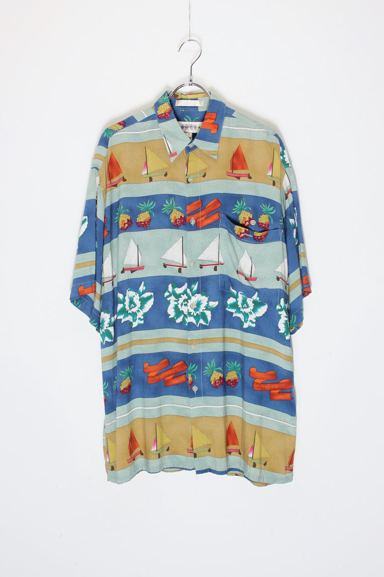 90'S S/S RESSORT PATTERN BORDER RAYON SHIRT / BLUE MULTI [SIZE: M USED]
