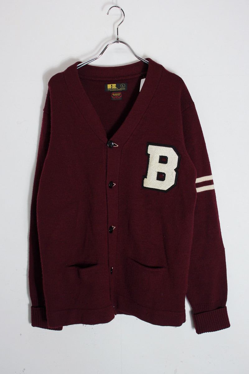 BACK EMBROIDERY WOOL KNIT SCHOOL CARDIGAN / 와인 레드 [SIZE: L USED]