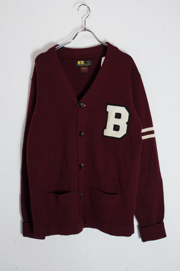 BACK EMBROIDERY WOOL KNIT SCHOOL CARDIGAN / 와인 레드 [SIZE: L USED]