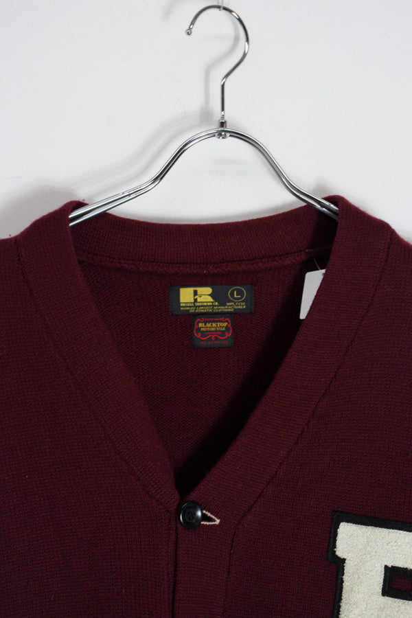 BACK EMBROIDERY WOOL KNIT SCHOOL CARDIGAN / 와인 레드 [SIZE: L USED]