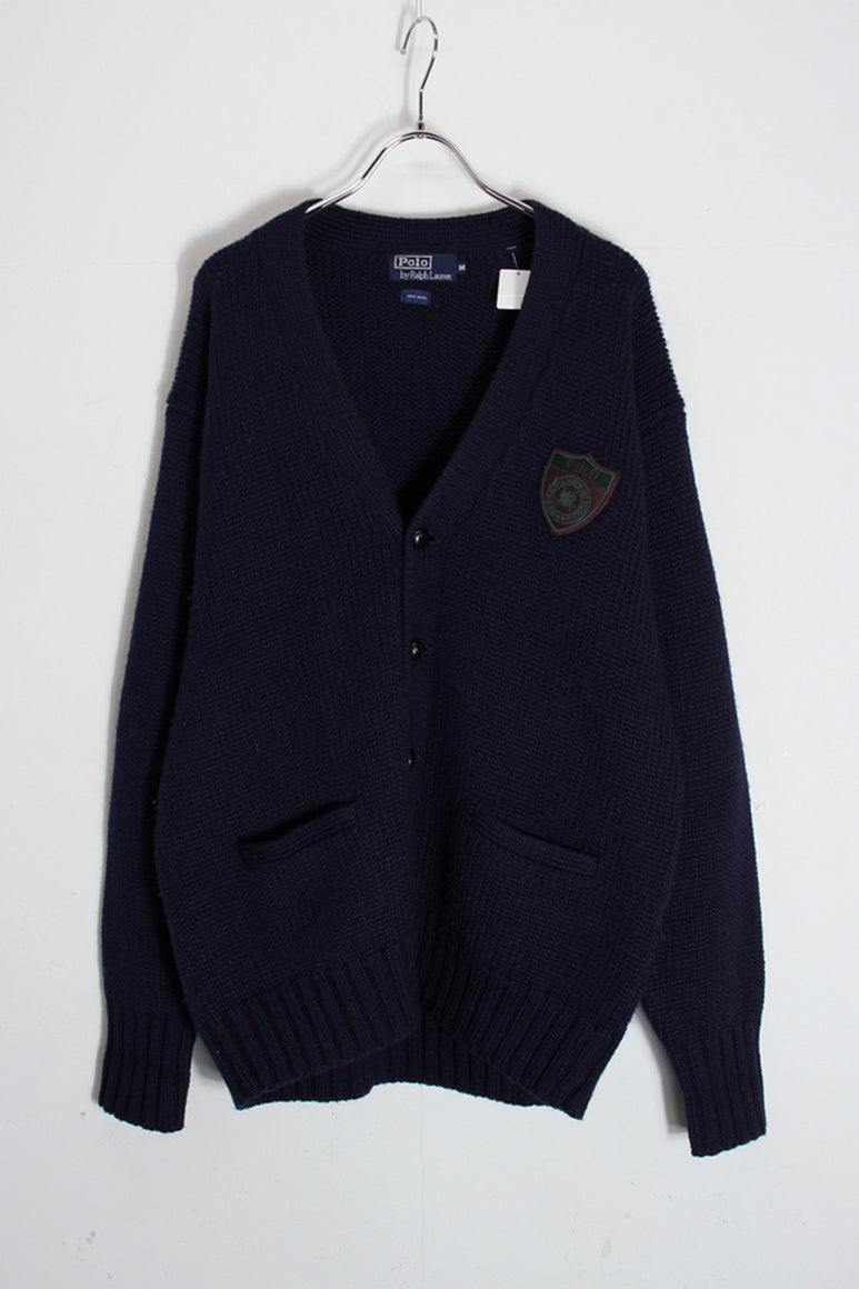 90'S POLO WAPPEN WOOL KNIT CARDIGAN / NAVY [SIZE: M USED]