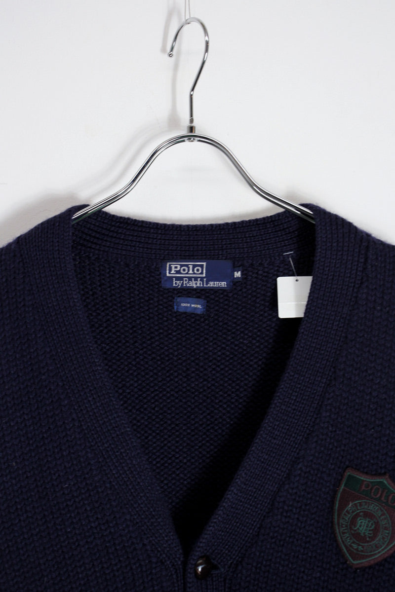 90'S POLO WAPPEN WOOL KNIT CARDIGAN / NAVY [SIZE: M USED]