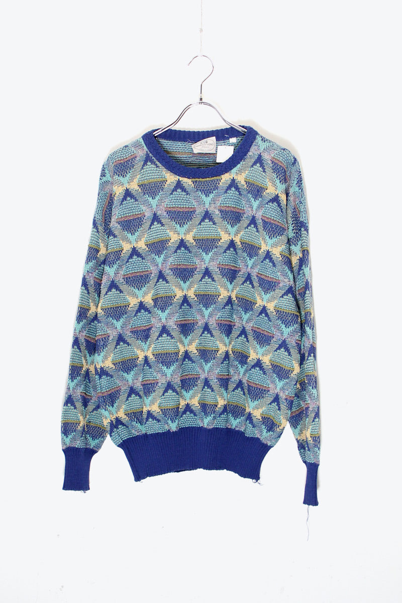 MADE IN ITALY 90'S COTTON ACRYLIC DESIGN KNIT SWEATER / BLUE  [SIZE: M USED]