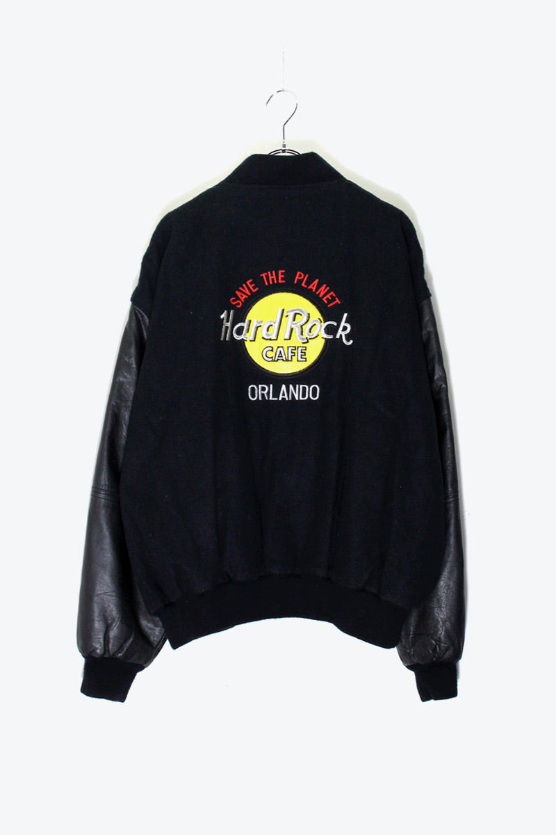 90'S BACK EMBROIDERY LOGO WOOL LEATHER STADIUM JACKET / BLACK [SIZE: XL USED]