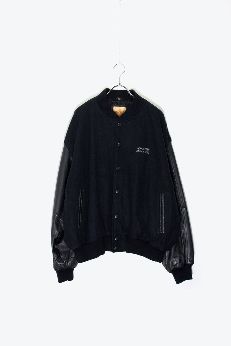 90'S BACK EMBROIDERY LOGO WOOL LEATHER STADIUM JACKET / BLACK [SIZE: XL USED]