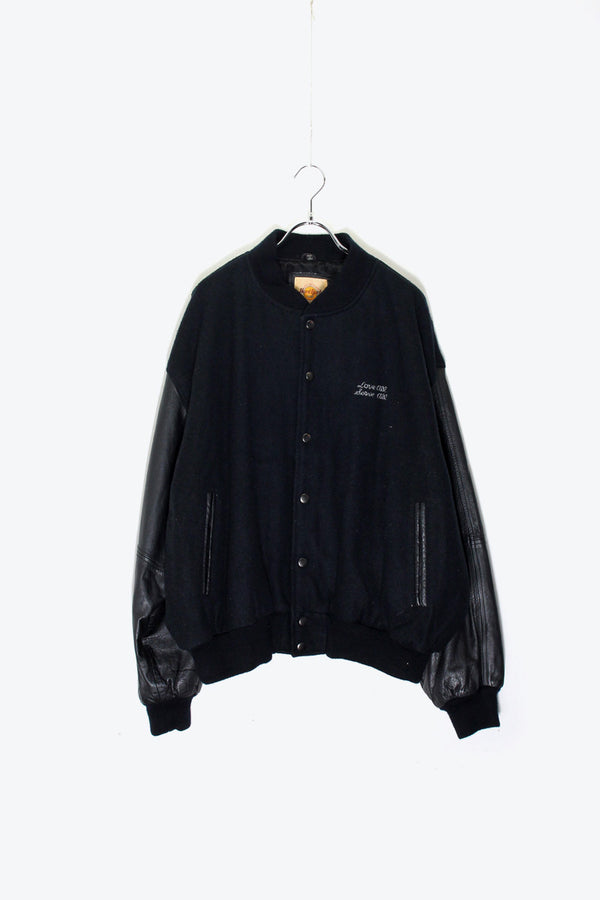 90'S BACK EMBROIDERY LOGO WOOL LEATHER STADIUM JACKET / BLACK [SIZE: XL USED]