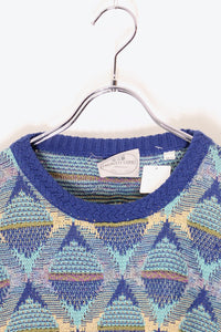 MADE IN ITALY 90'S COTTON ACRYLIC DESIGN KNIT SWEATER / BLUE  [SIZE: M USED]